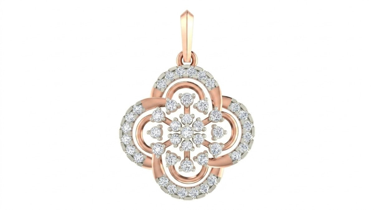 Rose gold and diamond floral pendant on white background