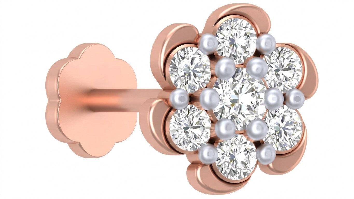 rose gold and diamond stud nose pin with diamonds on a white background