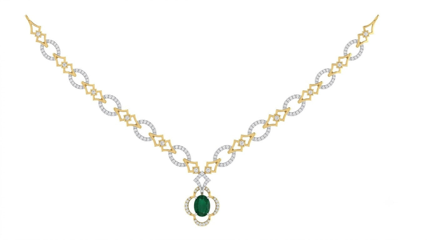 A yellow gold and diamond necklace with a central green emerald, displayed on a solid white background.