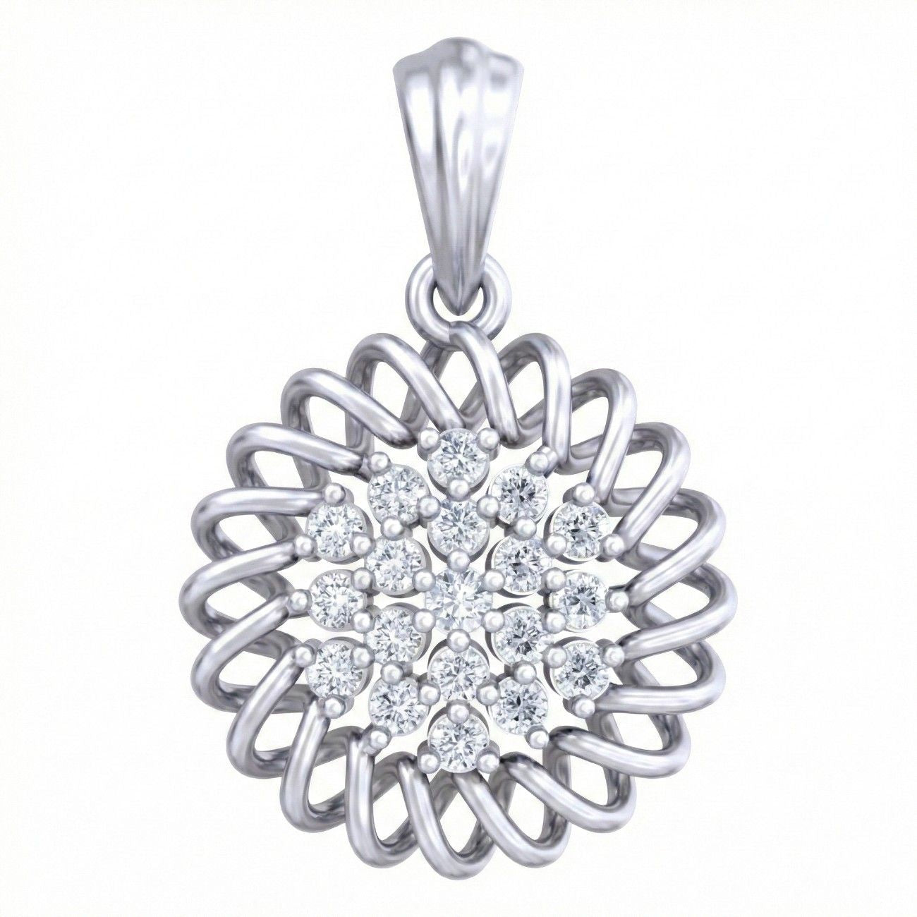 White gold and diamond floral pendant with clear gemstones on a white background