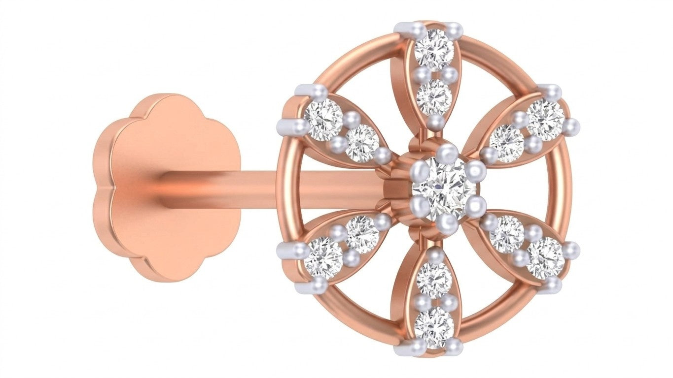 Rose Gold and diamond stud nose pin accents on a white background
