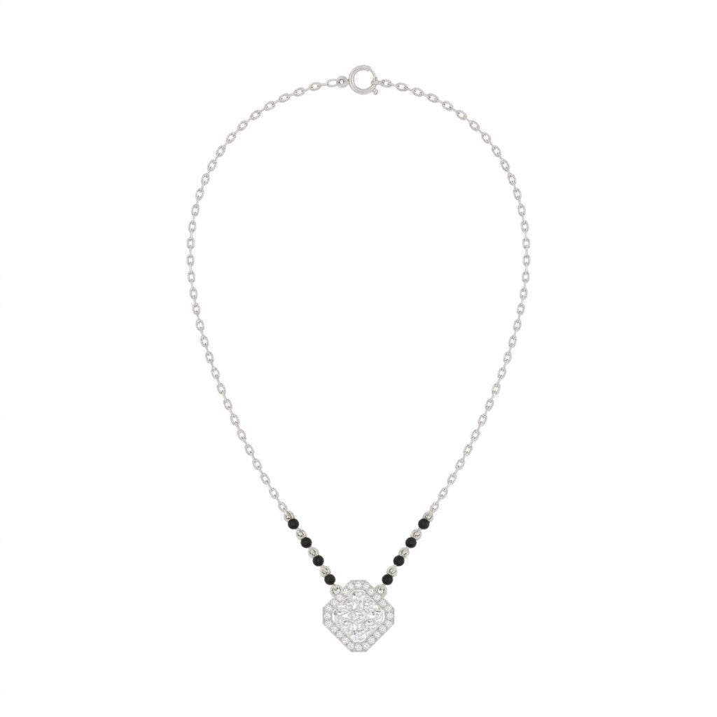 white gold and diamond mangalsutra with a diamond on a white background