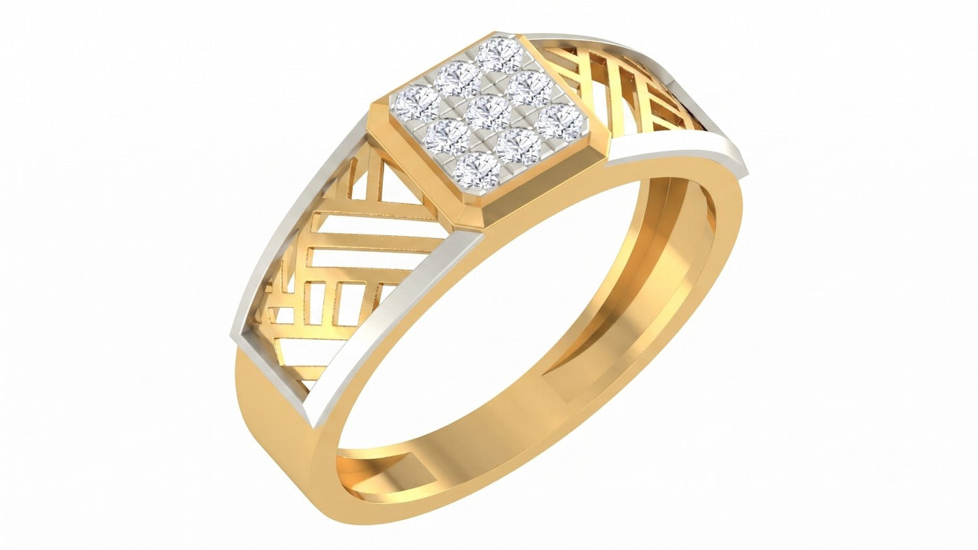Yellow gold and diamond men's ring on a white background.