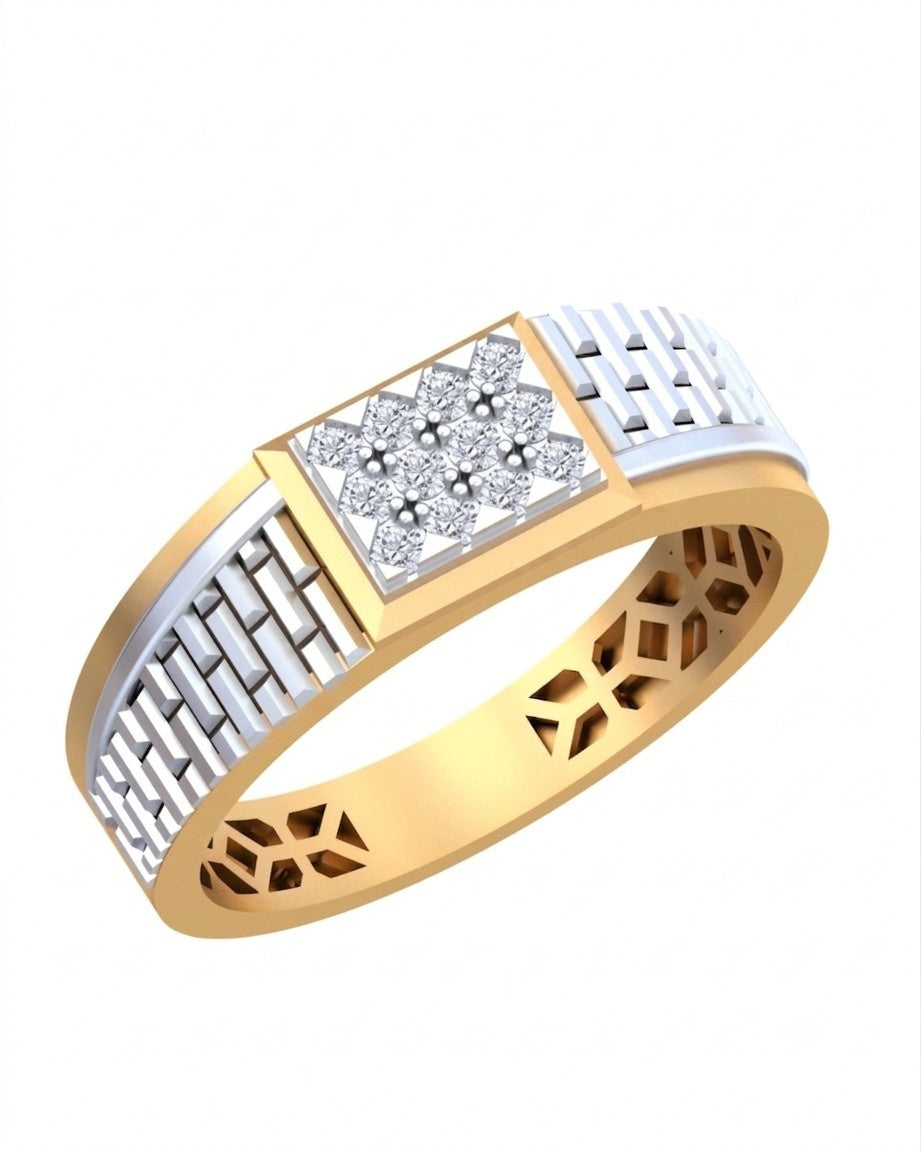 A yellow gold and white gold ring with a central diamond cluster and geometric patterns on the band, shown on a plain white background.