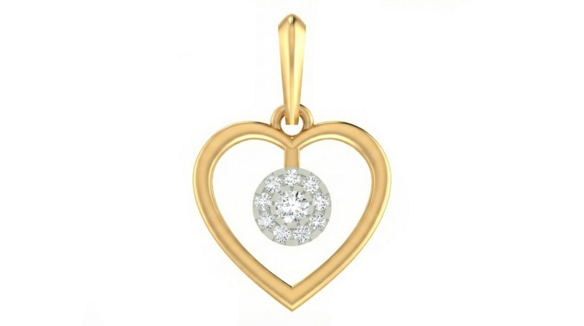 Gold heart-shaped pendant with a diamond on a white background