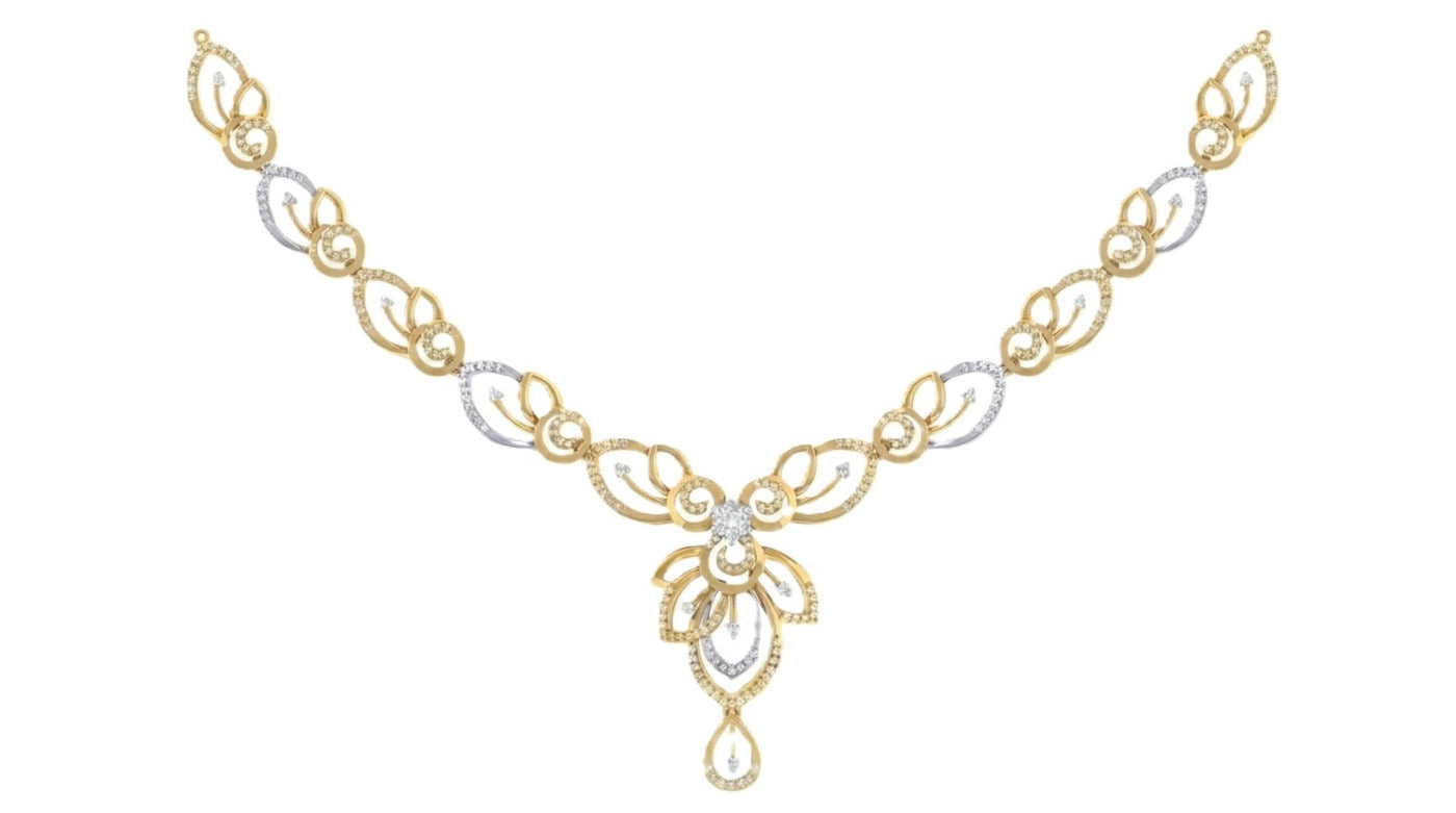 A two-tone yellow and white gold necklace featuring delicate, diamond-accented swirl and leaf motifs, displayed against a plain white background.