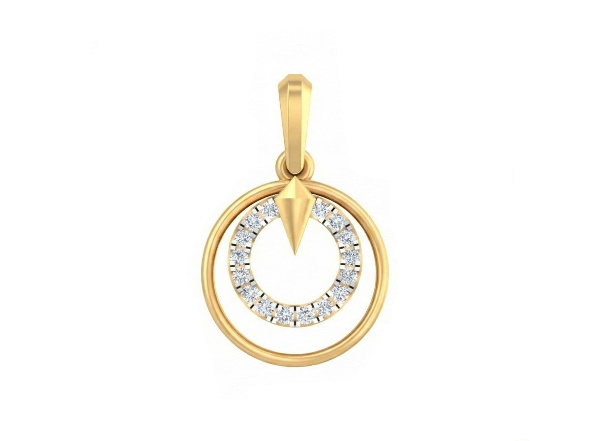 Gold pendant with circular design and small stones on a white background