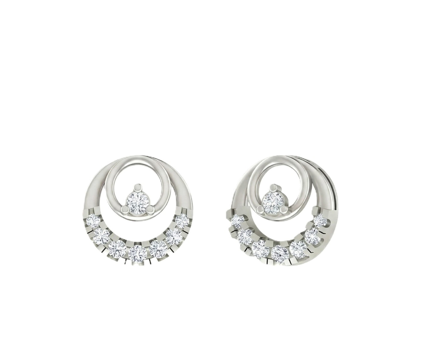White gold and diamond round-shaped earrings on a white background