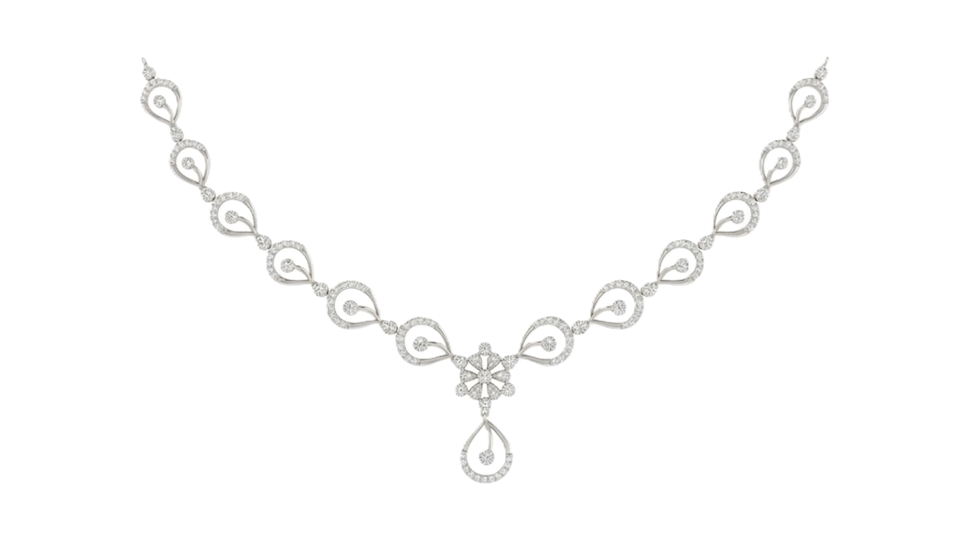White gold necklace with a teardrop design on a white background