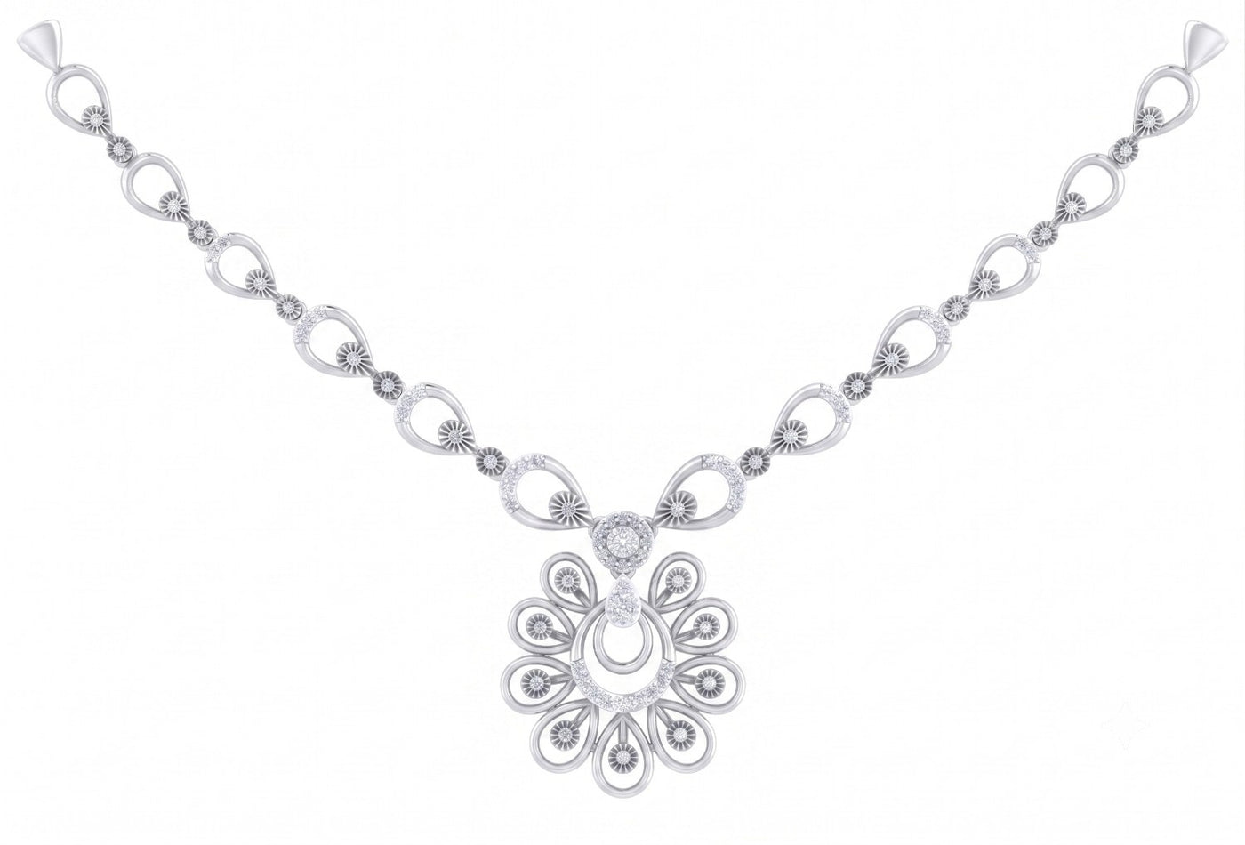 A white gold and diamond necklace featuring a central floral, set against a plain white background.