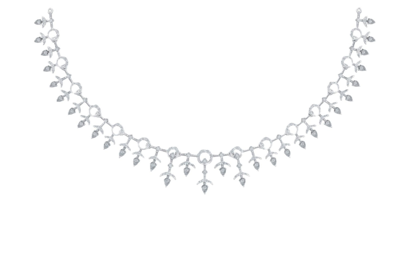 White gold necklace with leaf-like design on a white background