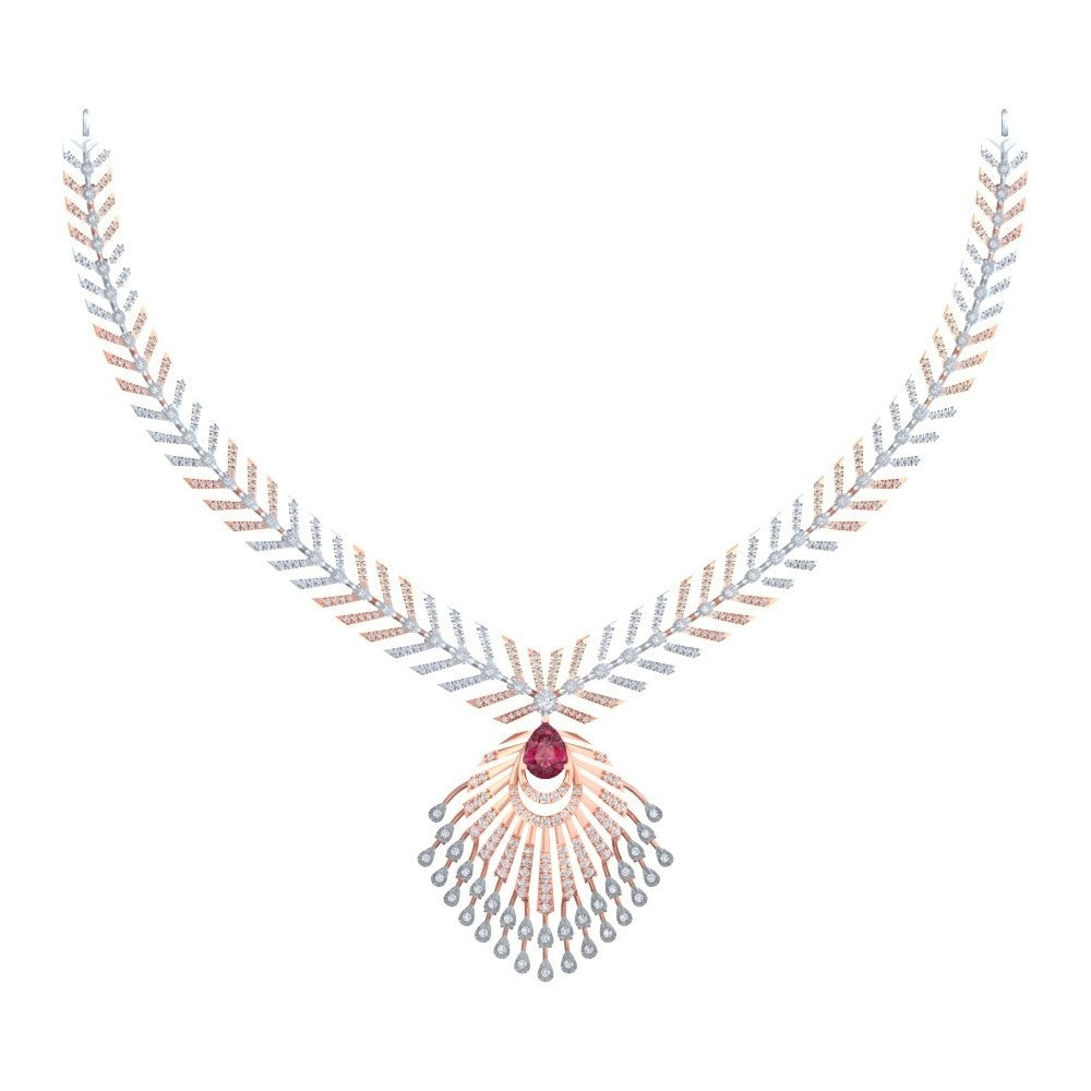 A rose gold and diamond necklace with a central gold V-shape, a red teardrop ruby gemstone on a plain white background.