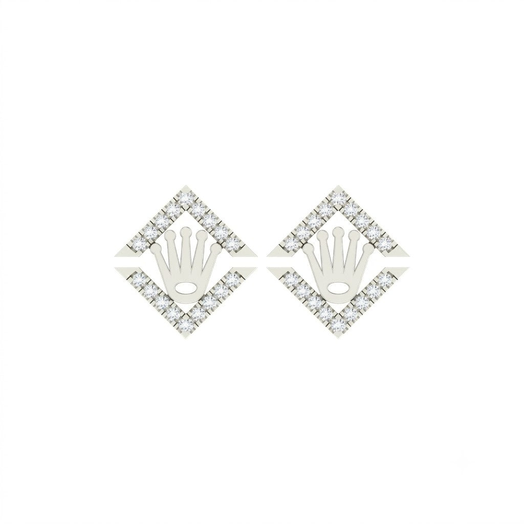 Pair of white gold and diamond crown-design stud earrings on a white background.