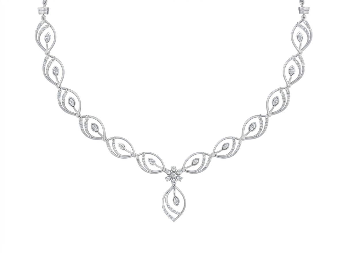 White gold and diamond with intricate design on a white background