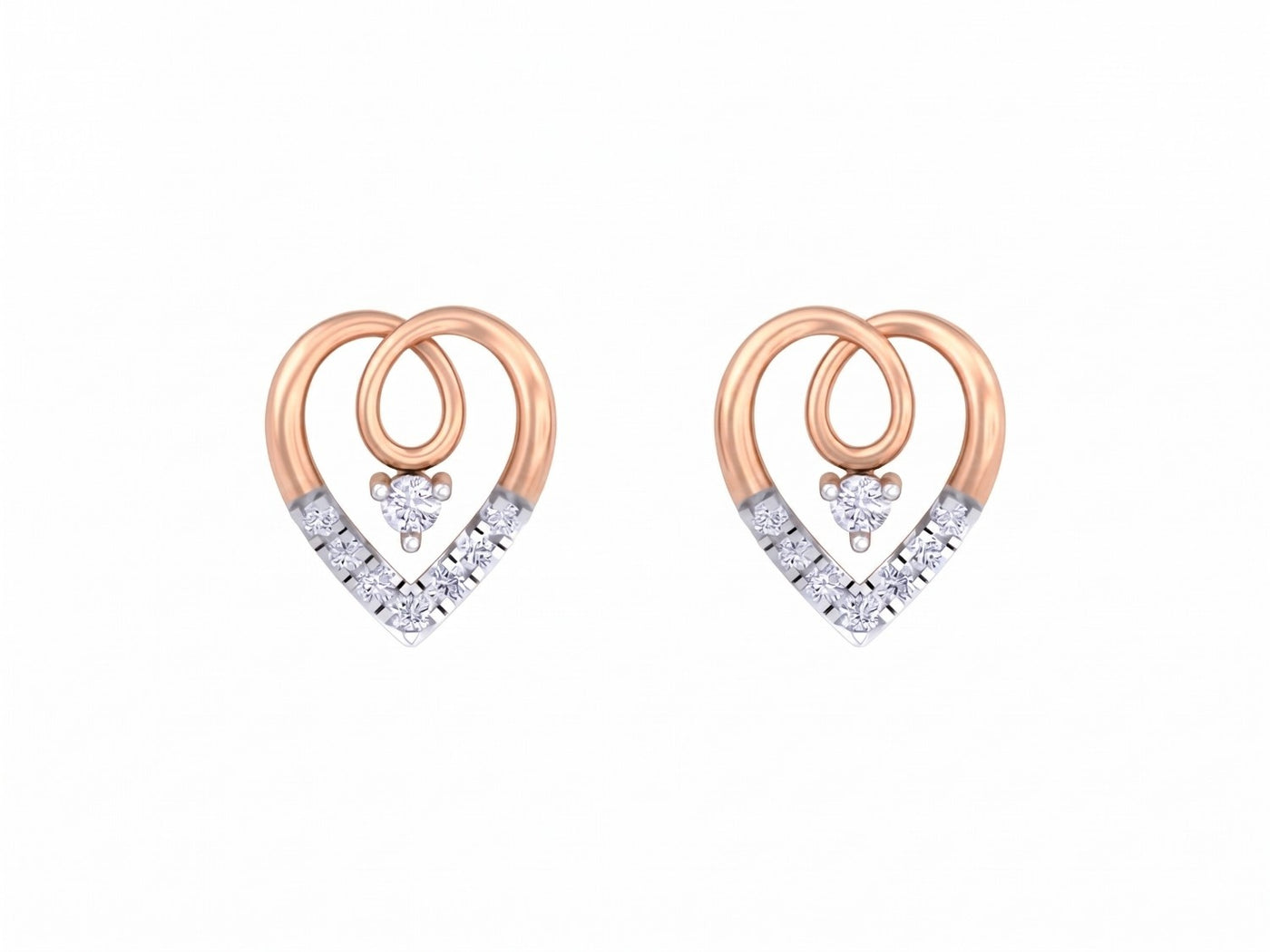 Rose gold and diamond heart-shaped earrings on a white background.