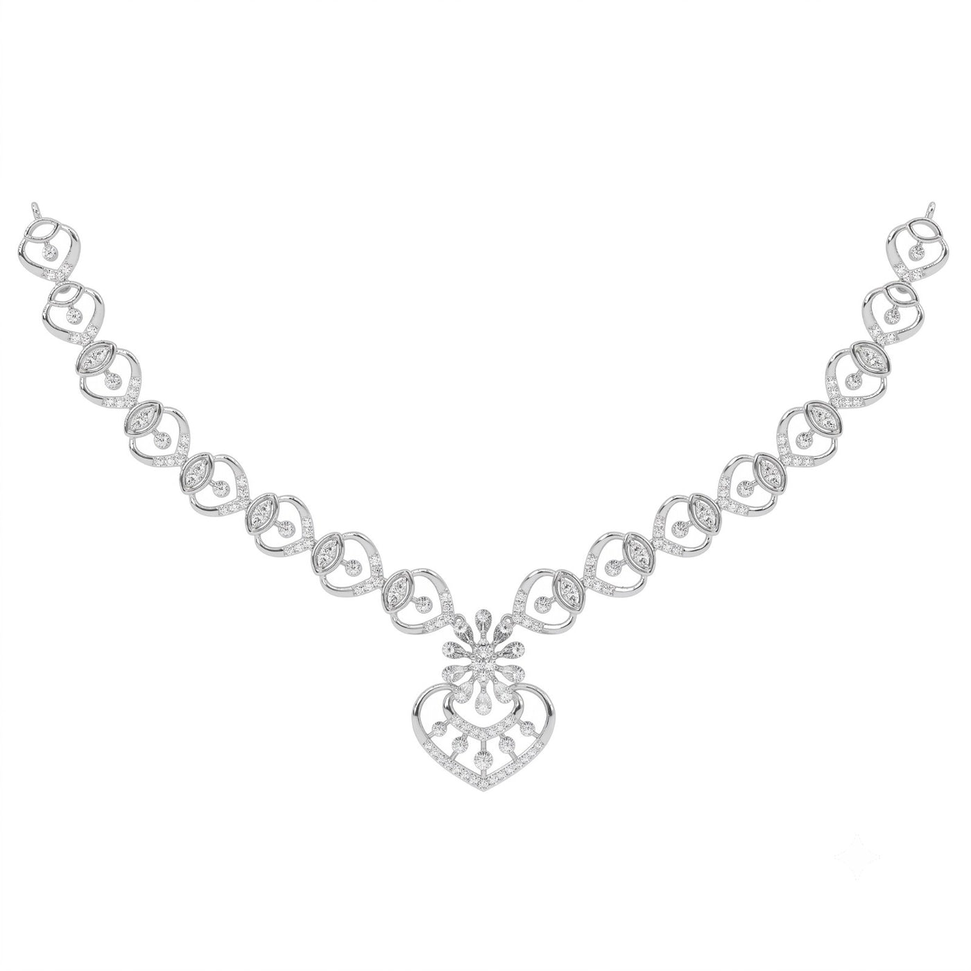 A white gold and diamond necklace featuring a central floral design, set against a plain white background.