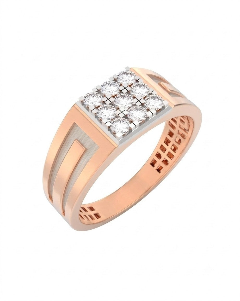 A  rose gold and diamond ring featuring a square cluster, set against a plain white background.