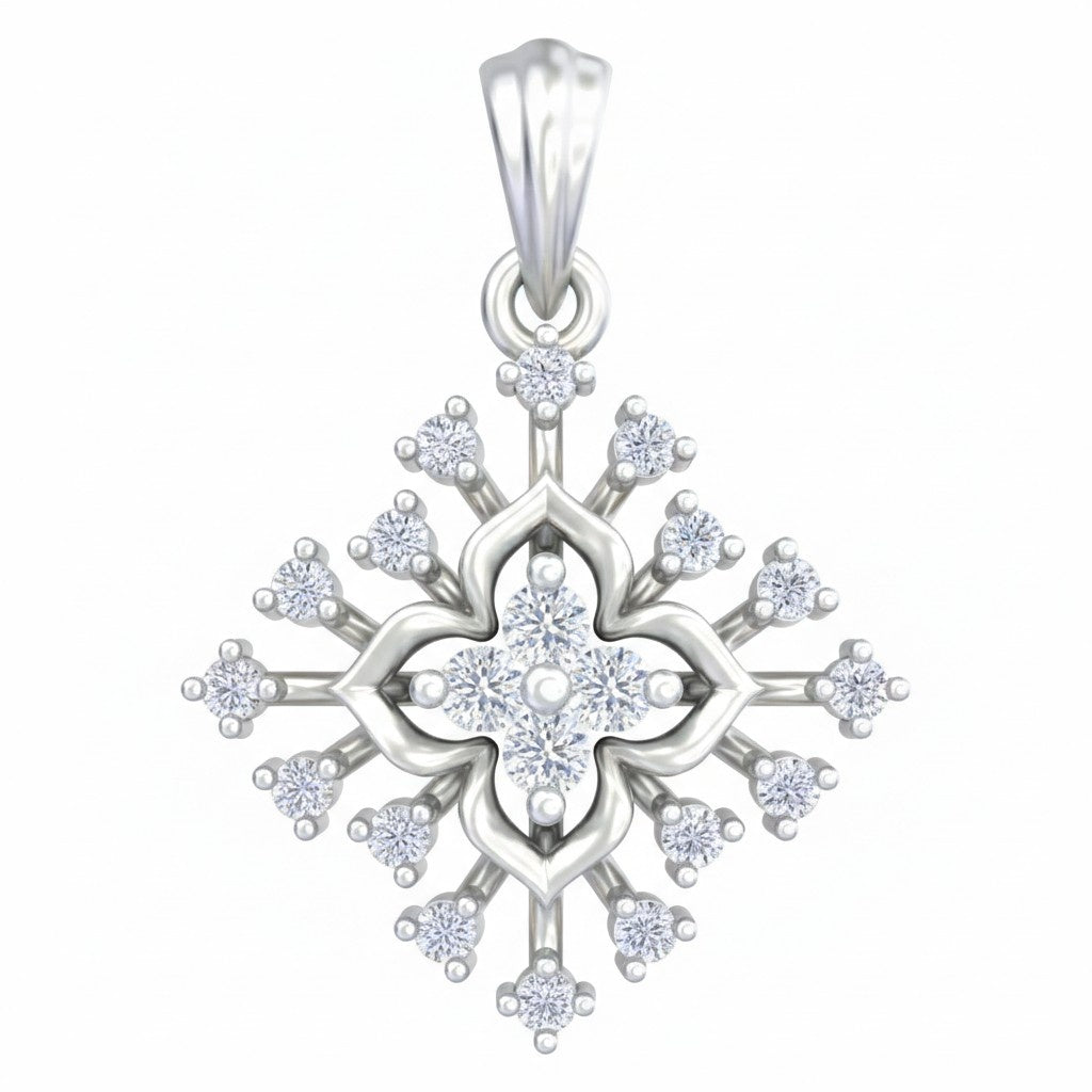 A white gold snowflake pendant charm with clear round-cut gemstones, set against a plain white background.