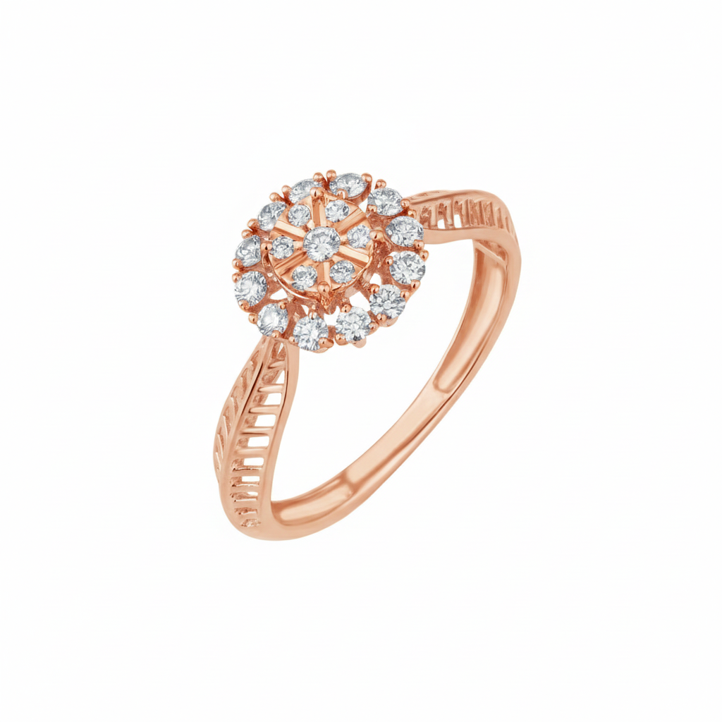 Rose gold ring with diamond cluster on a white background