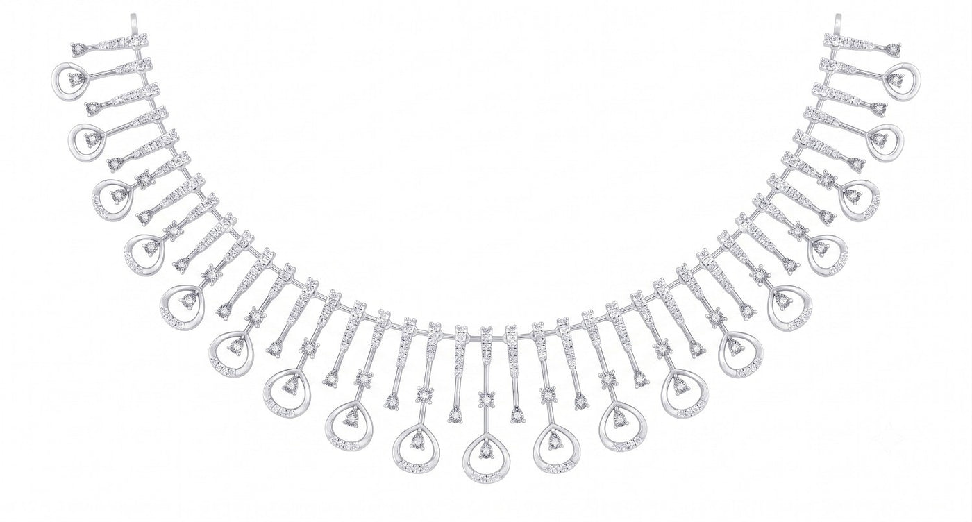 White gold and diamond statement necklace featuring a teardrop  diamond motifs on a white background.