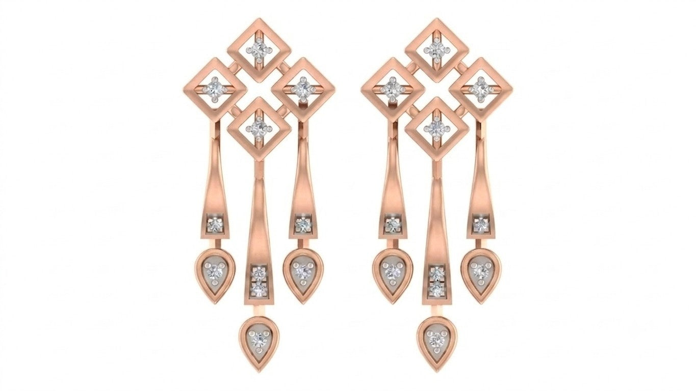 Rose gold and diamond chandelier earrings on a white background