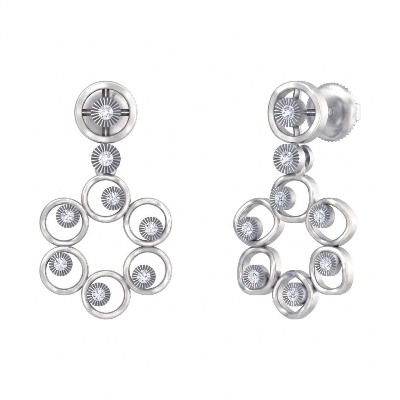 White gold and diamond earrings with circular design on a white background.