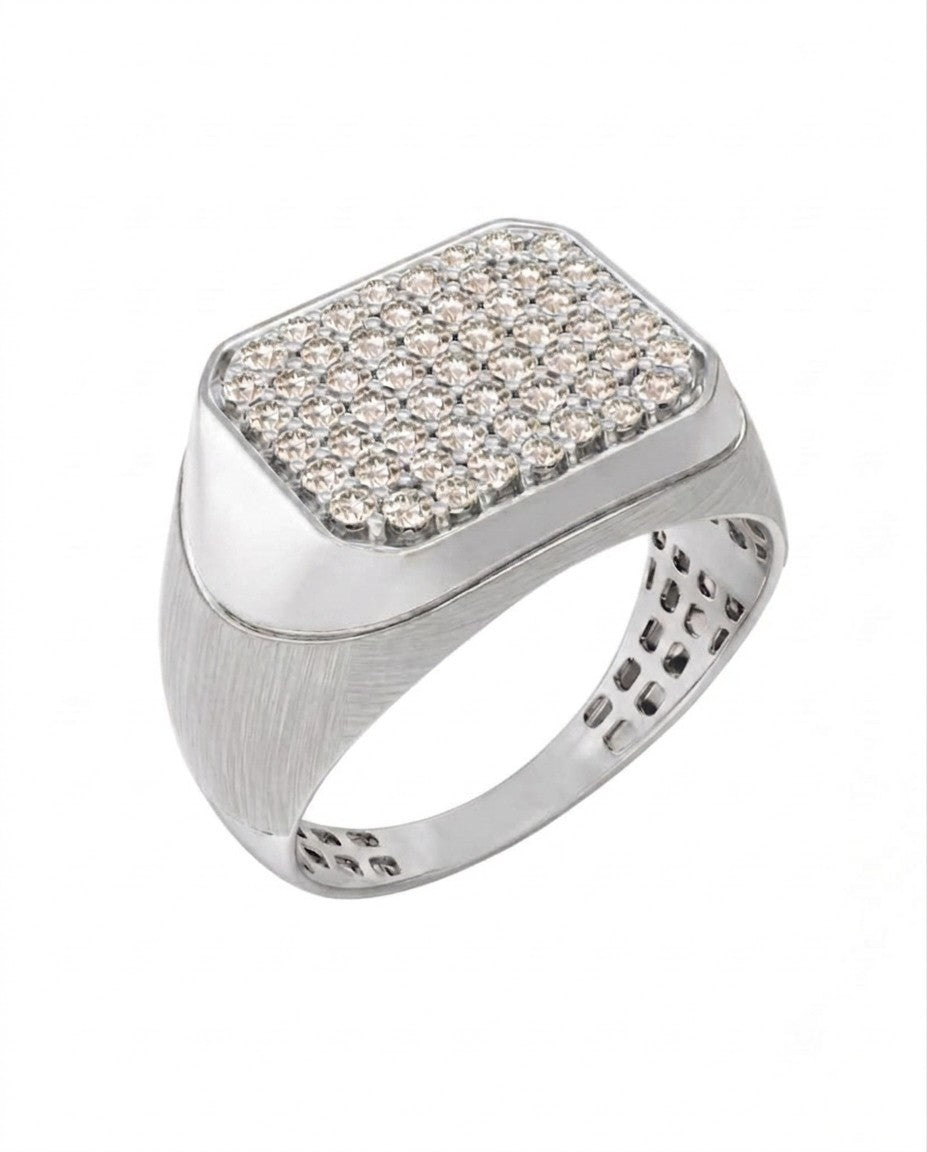 A white gold signet ring featuring a square face paved, set against a plain white background.