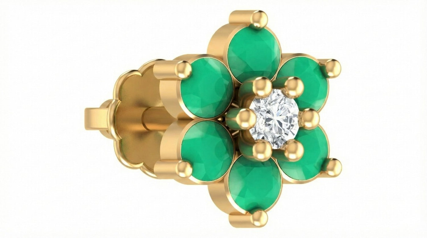 Yellow Gold and diamond stud nose pin green gemstones and a diamond on a white background