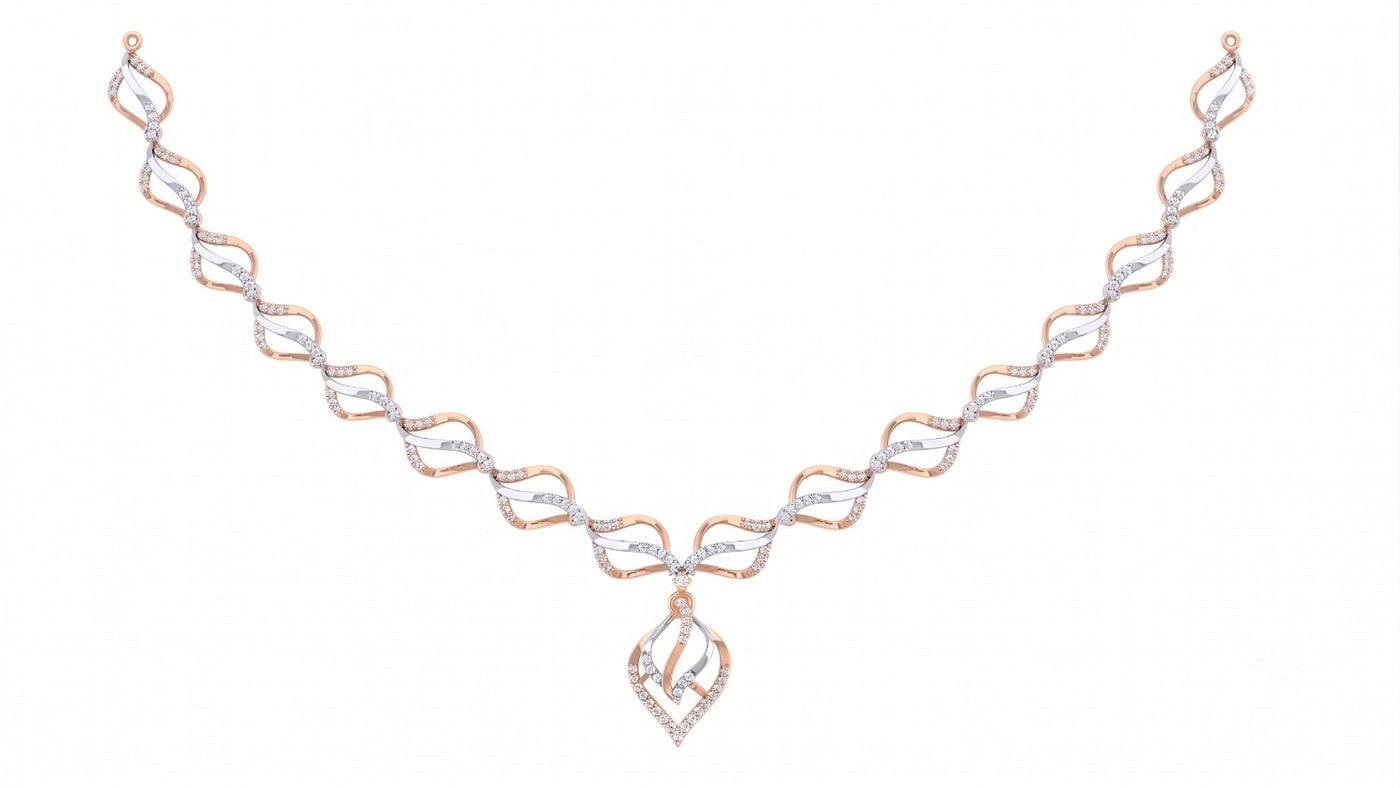 A rose gold and diamond necklace featuring teardrop design, displayed on a solid white background.