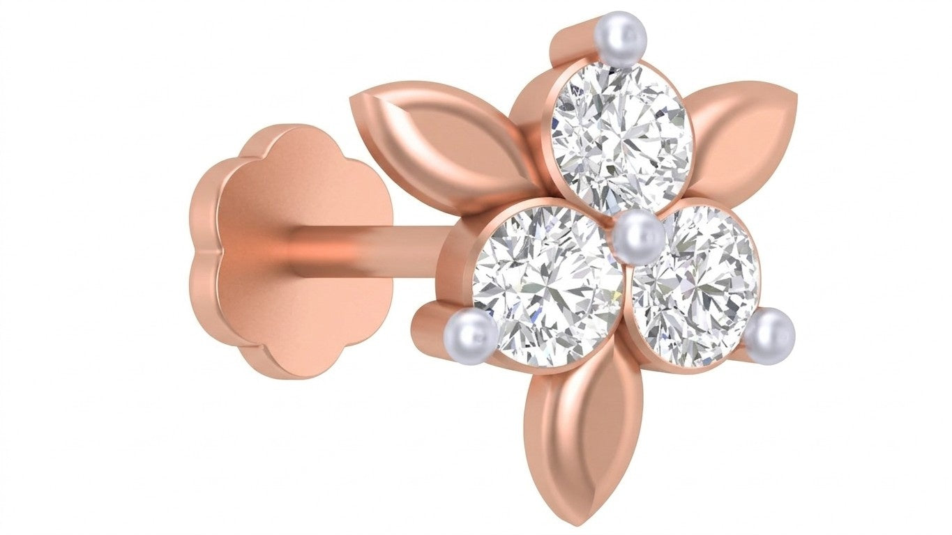 Rose gold and diamond stud nose pin on a white background