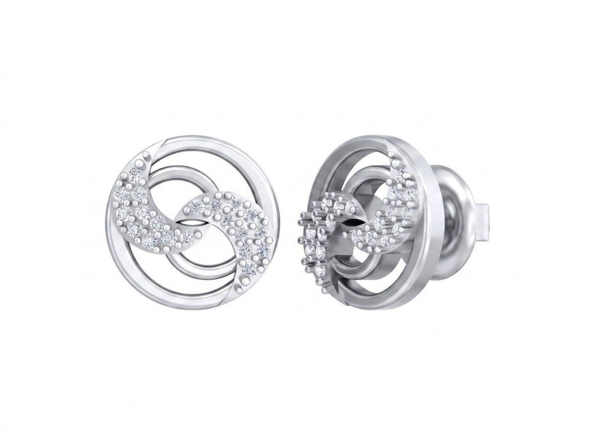 White gold and diamond round-shaped stud earring on a white background.