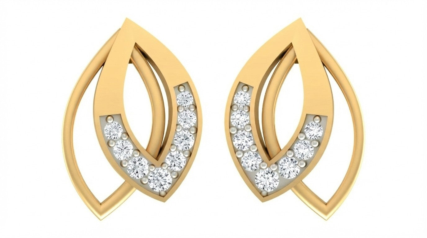 Yellow gold and diamond earrings on a white background.