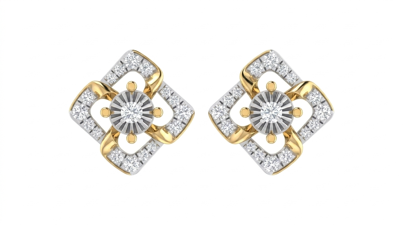 Pair of yellow gold and diamond stud earrings on a white background