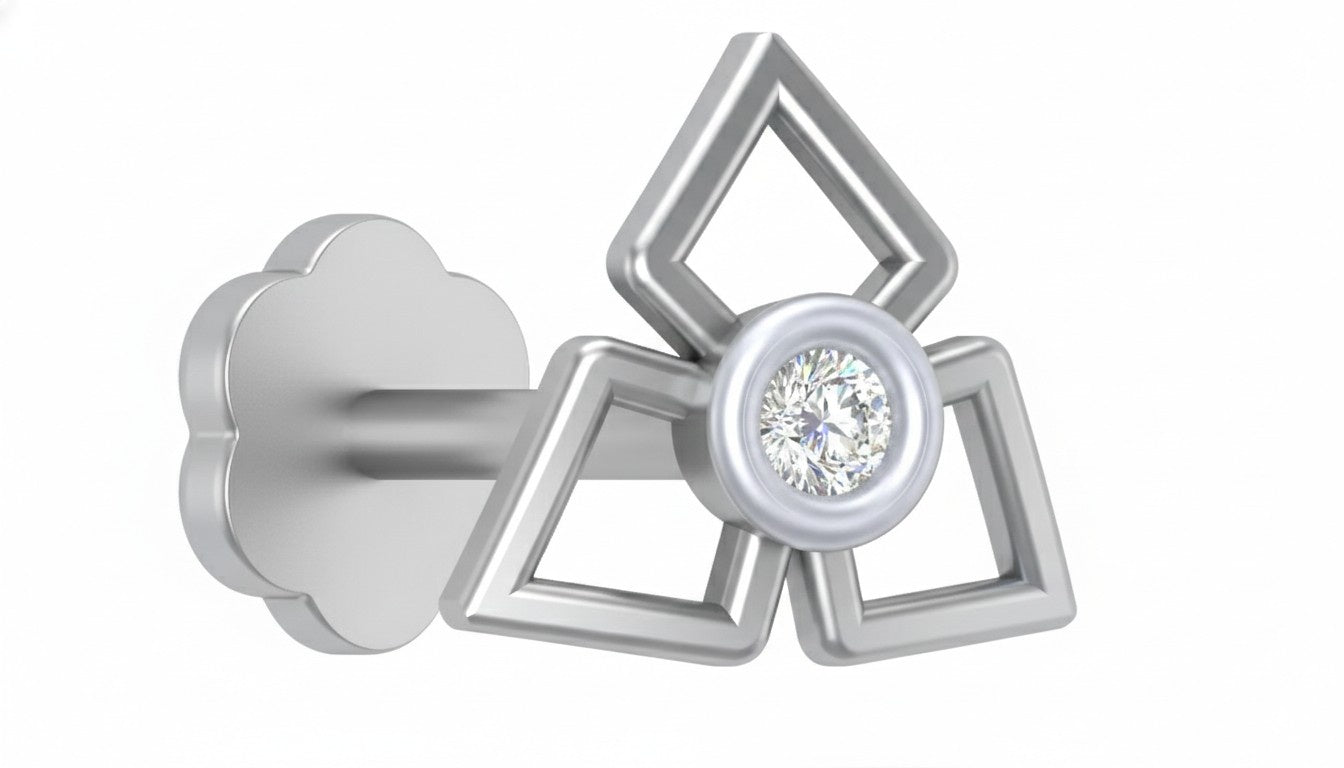White gold and diamond stud nose pin with geometric design and clear gemstone on a white background