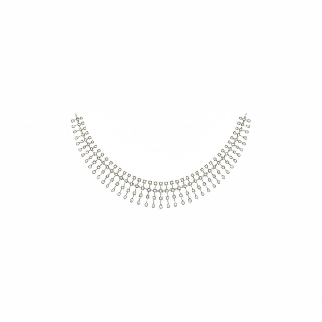 White gold-toned fringe necklace with multiple rows of small teardrop-shaped rhinestones, displayed against a solid white background.