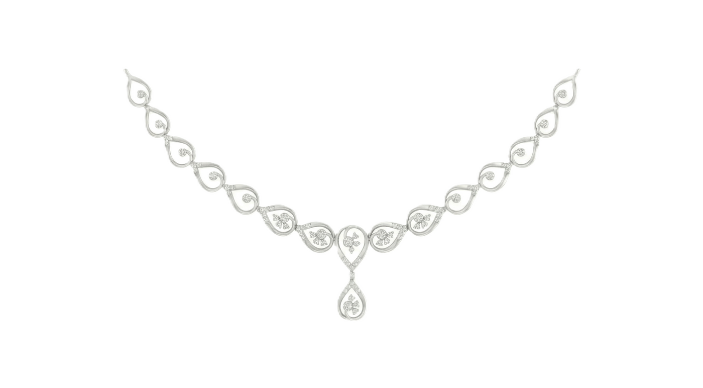 White gold and diamond necklace on a white background