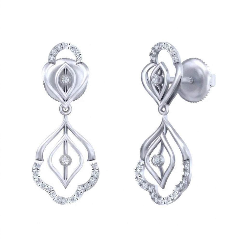 A pair of white gold and diamond drop earrings, displayed on a solid white background.