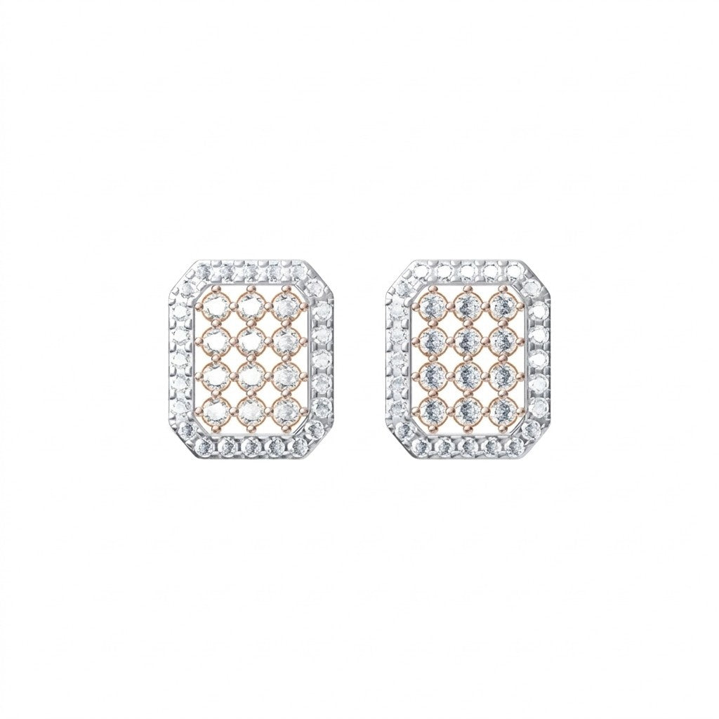 Pair of rose gold and diamond earrings on a white background