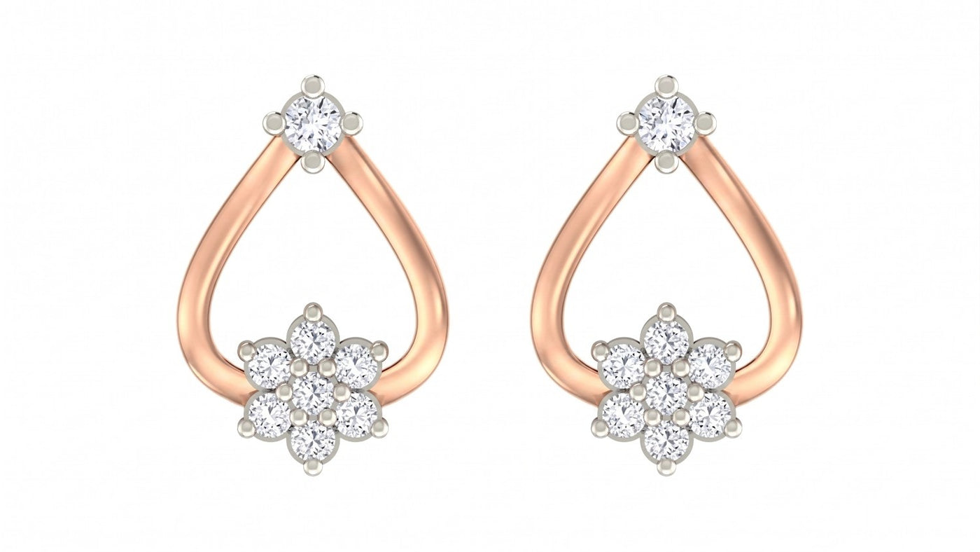 Rose gold and diamond floral stud earrings on a white background.
