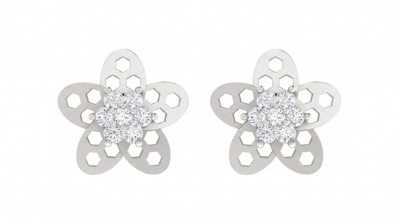 White gold and diamond stud earring with  floral design on a white background