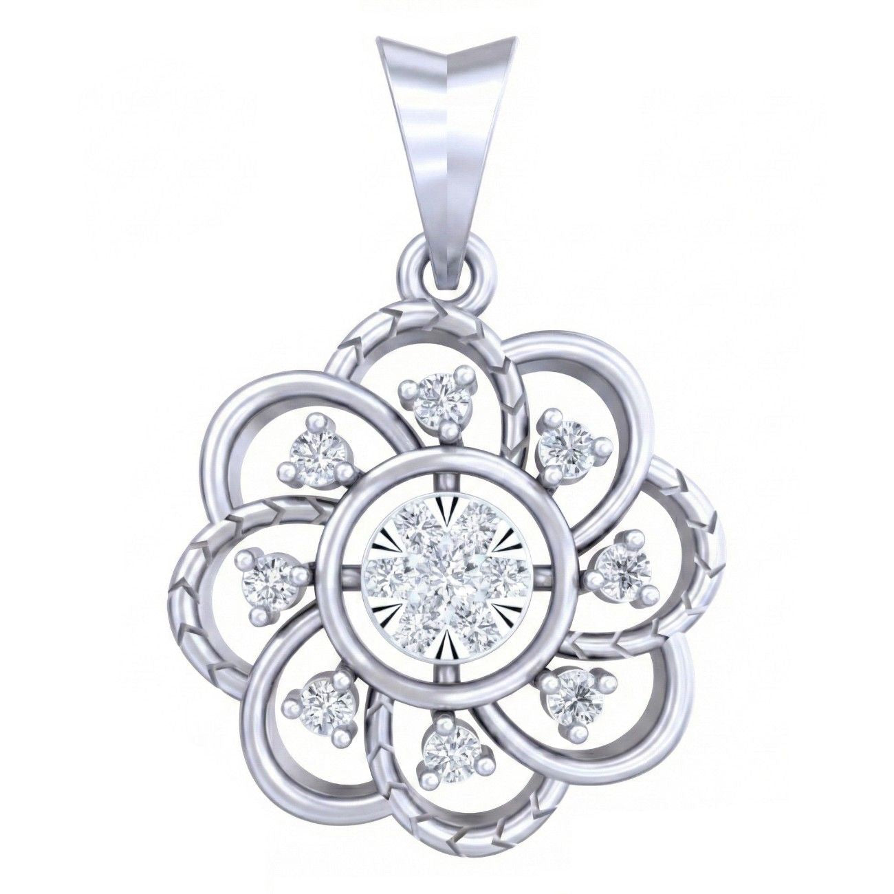 White gold floral pendant with circular design on a white background