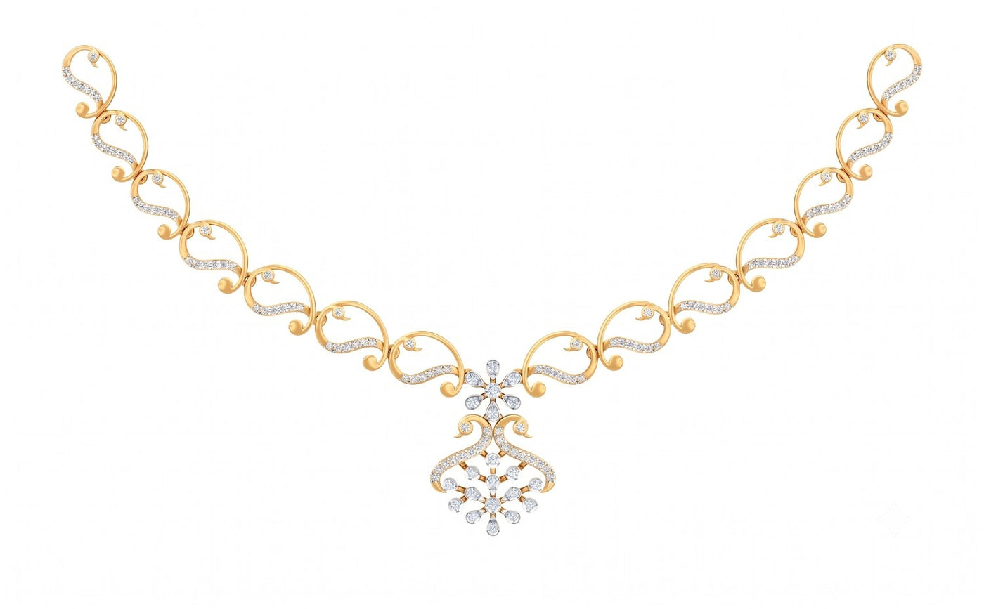 Yellow gold and diamond necklace with a central floral motif, displayed on a solid white background.