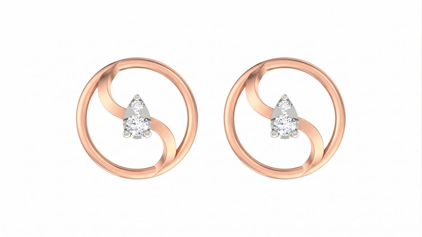 Rose gold and diamond stud earring with round-shaped on a white background.