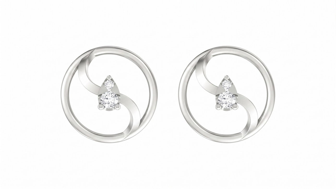 White gold and diamond stud earring with round-shaped on a white background.