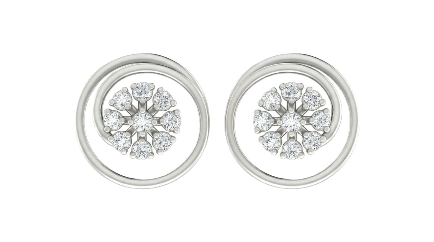White gold and diamond stud earrings with circular designs on a white background