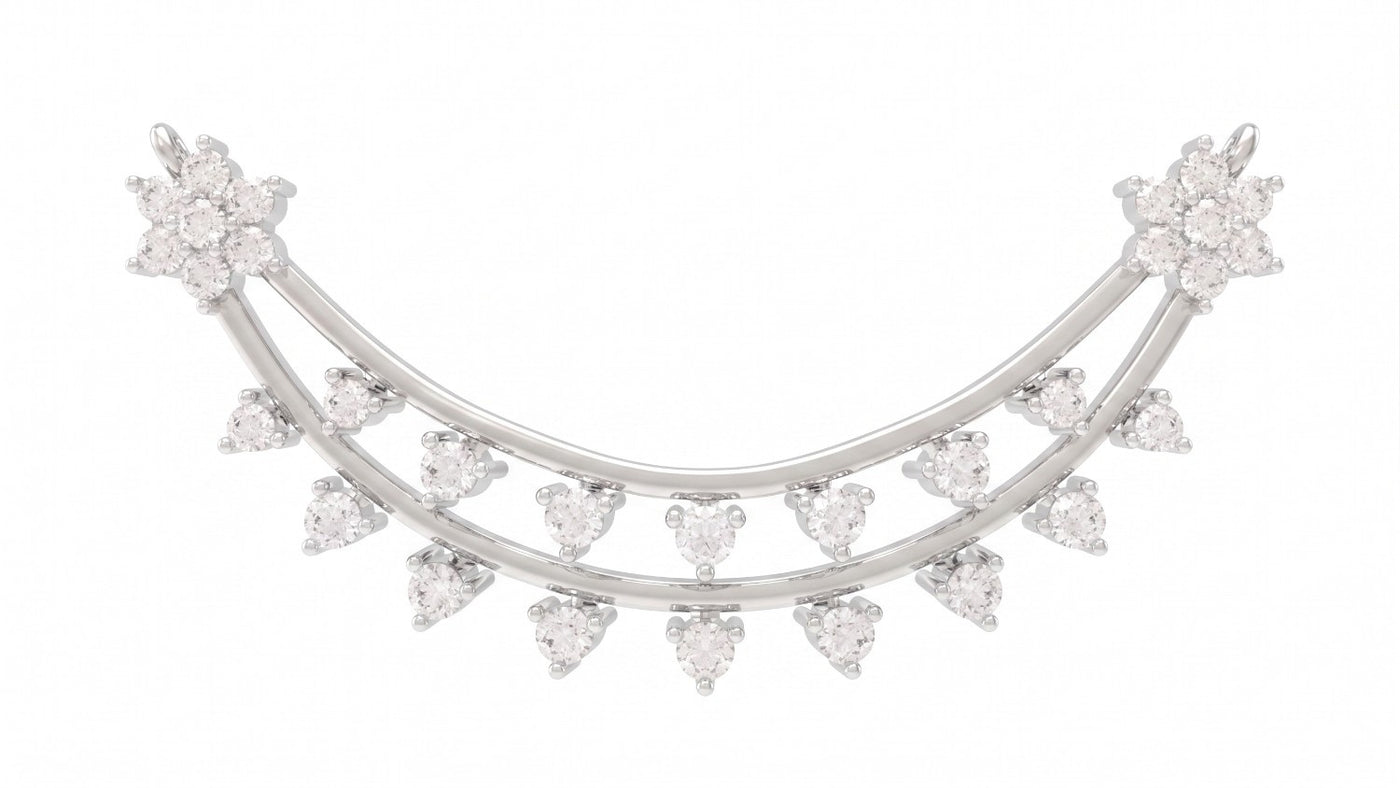 A white gold-toned double-strand mangalsutra featuring rows of clear heart-shaped and starburst-shaped gemstones, displayed against a solid white background.