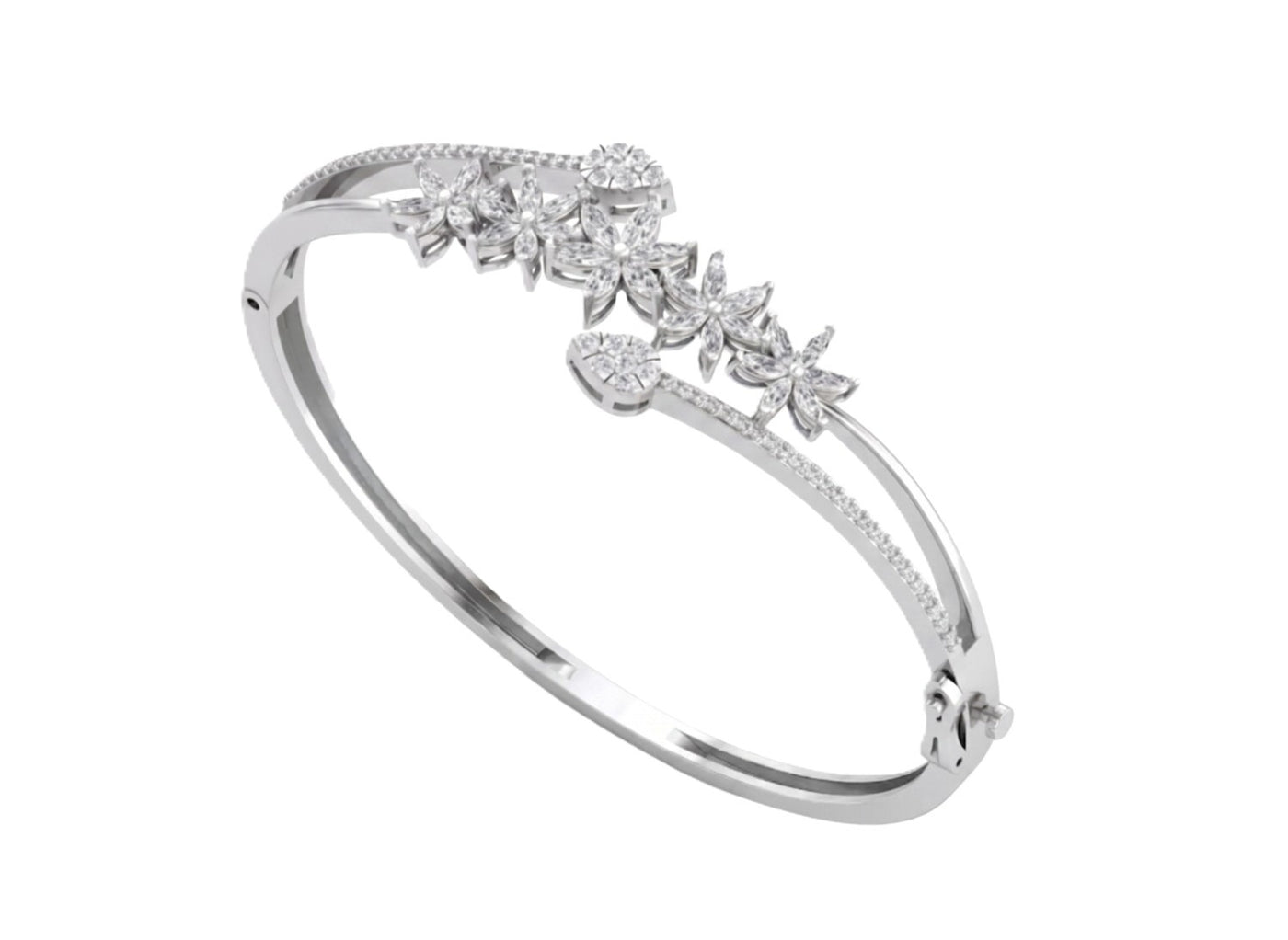 white Gold bangle bracelet with cascading diamond floral clusters and a pavé-set band.