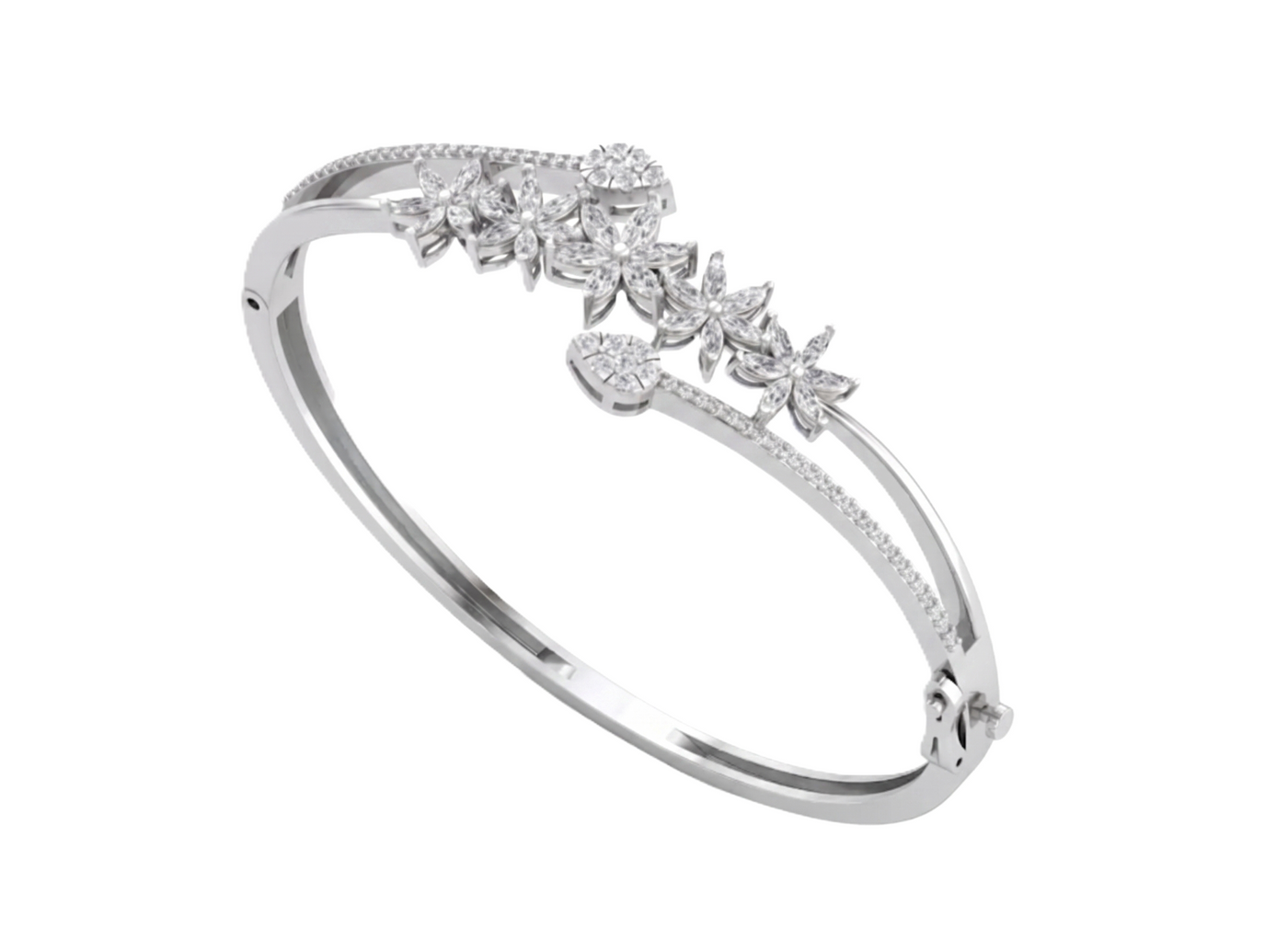 White bangle bracelet with cascading diamond floral clusters and a pavé-set band.