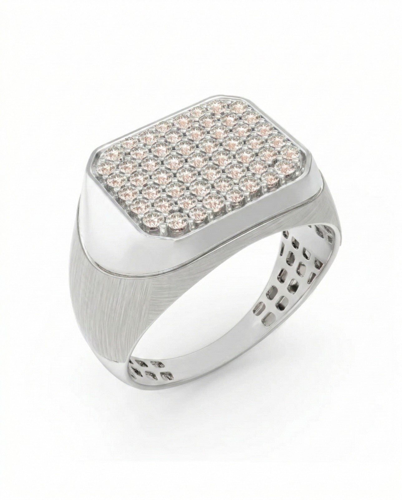 White gold ring with a square gemstone on a white background