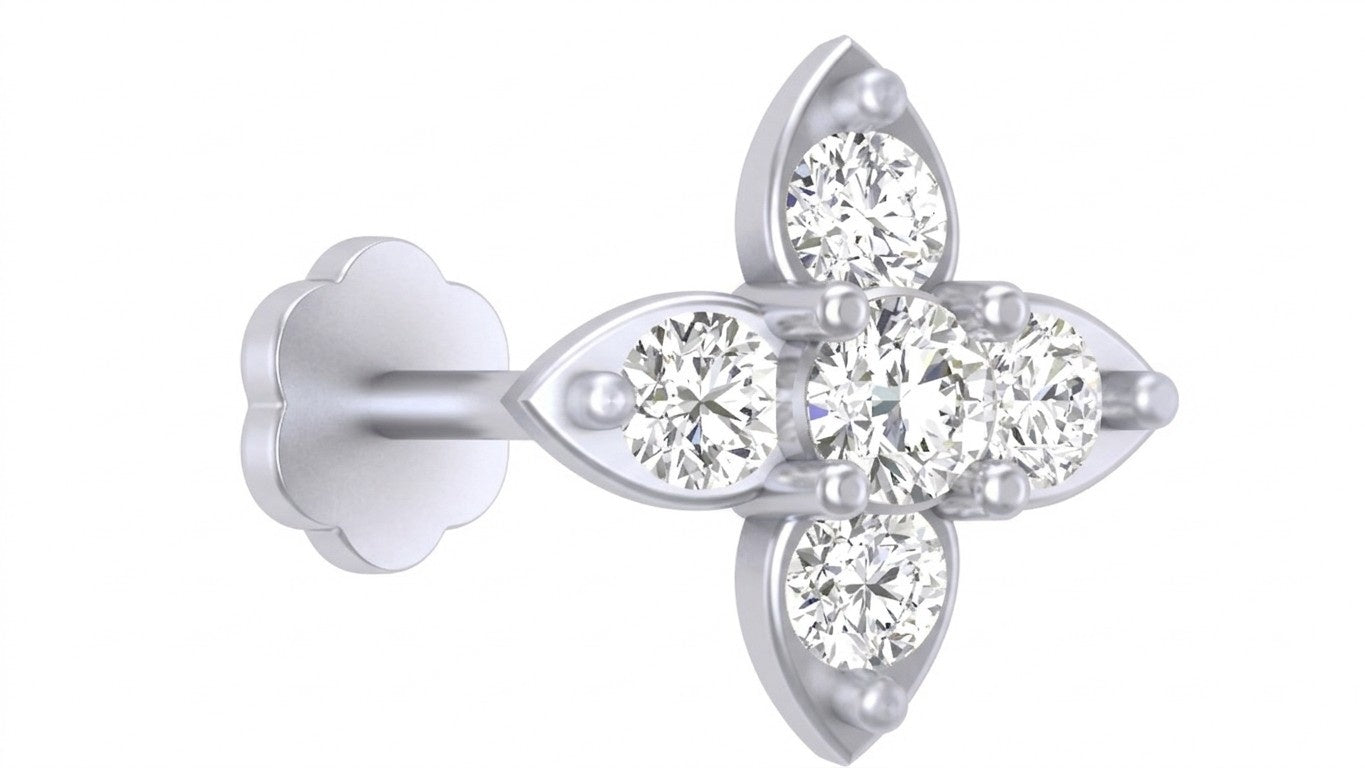 white gold and diamond stud nose pin with diamonds on a white background